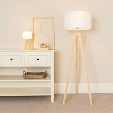 ValueLights Jackson Natural Wood Tripod Floor Lamp with White Fabric Lamp Shade