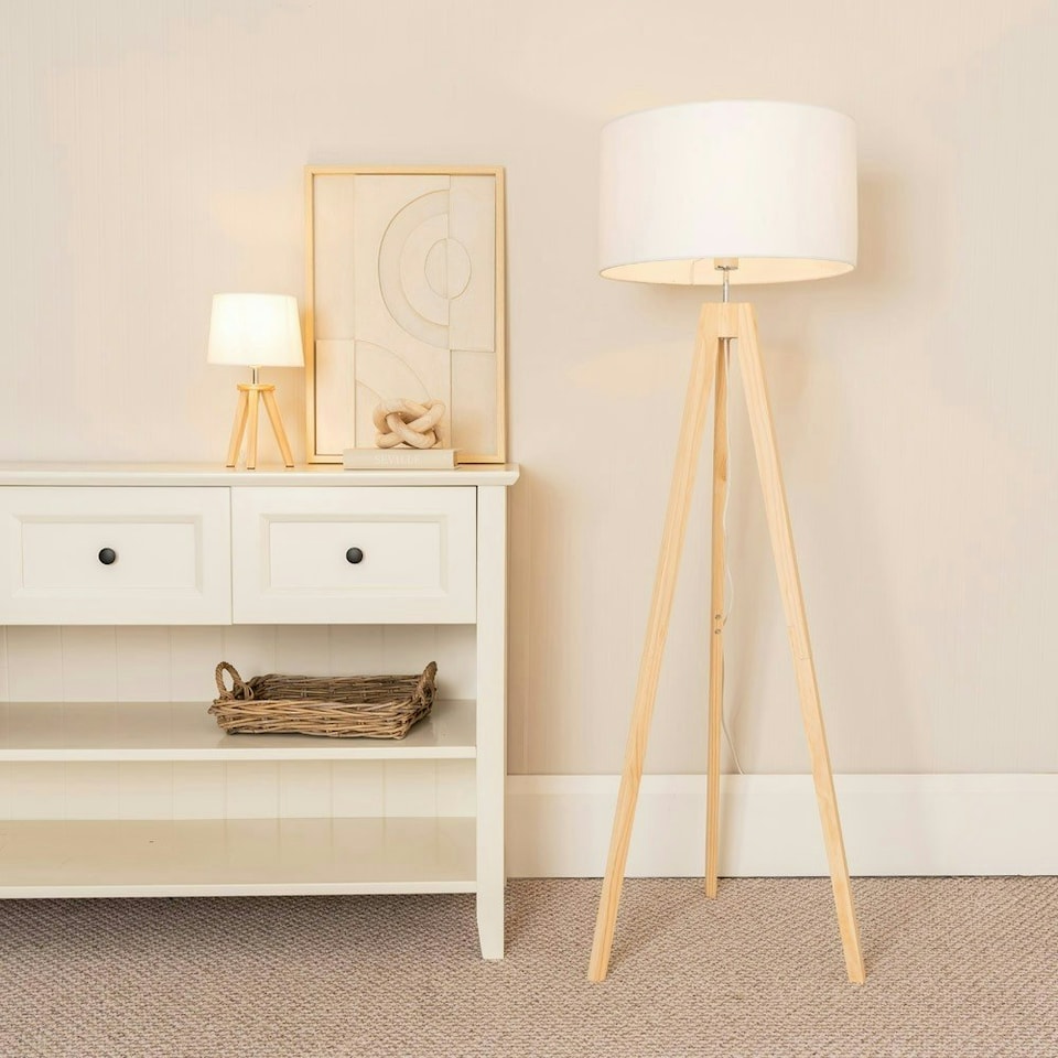 image 1 of ValueLights Jackson Natural Wood Tripod Floor Lamp with White Fabric Lamp Shade