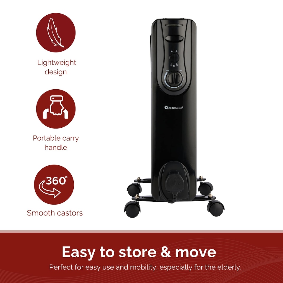 image 1 of Rediffusion 9 Fin Oil Filled Radiator 2KW Black