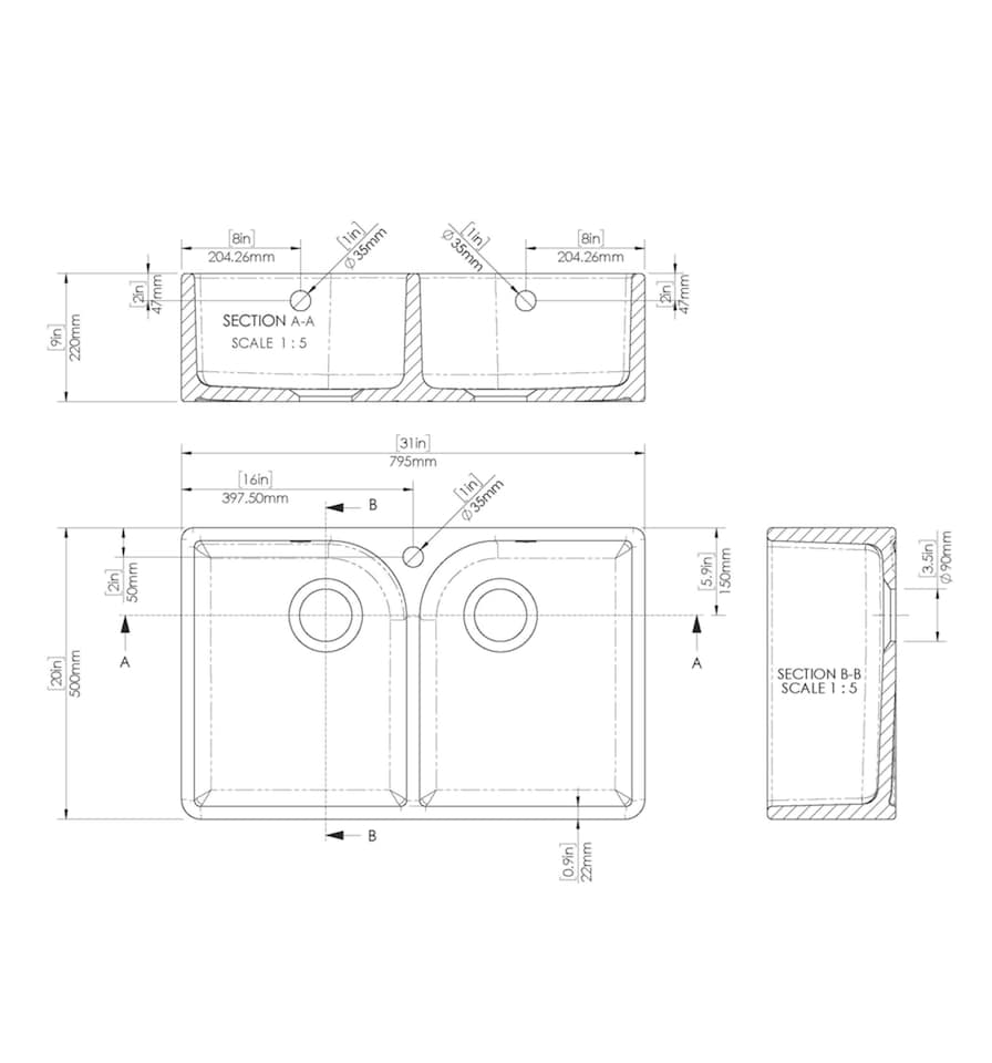 image 1 of Fireclay Double Bowl Full Weir Butler Sink Overflow Tap Hole 795mm | White | White | 500 x 795 x 220mm | 1