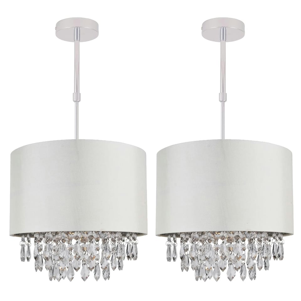 image 1 of First Choice Lighting Set of 2 300mm Cream Faux Silk Ceiling Adjustable Flush Shade with Chrome Inner and Clear Droplets Chrome | Cream