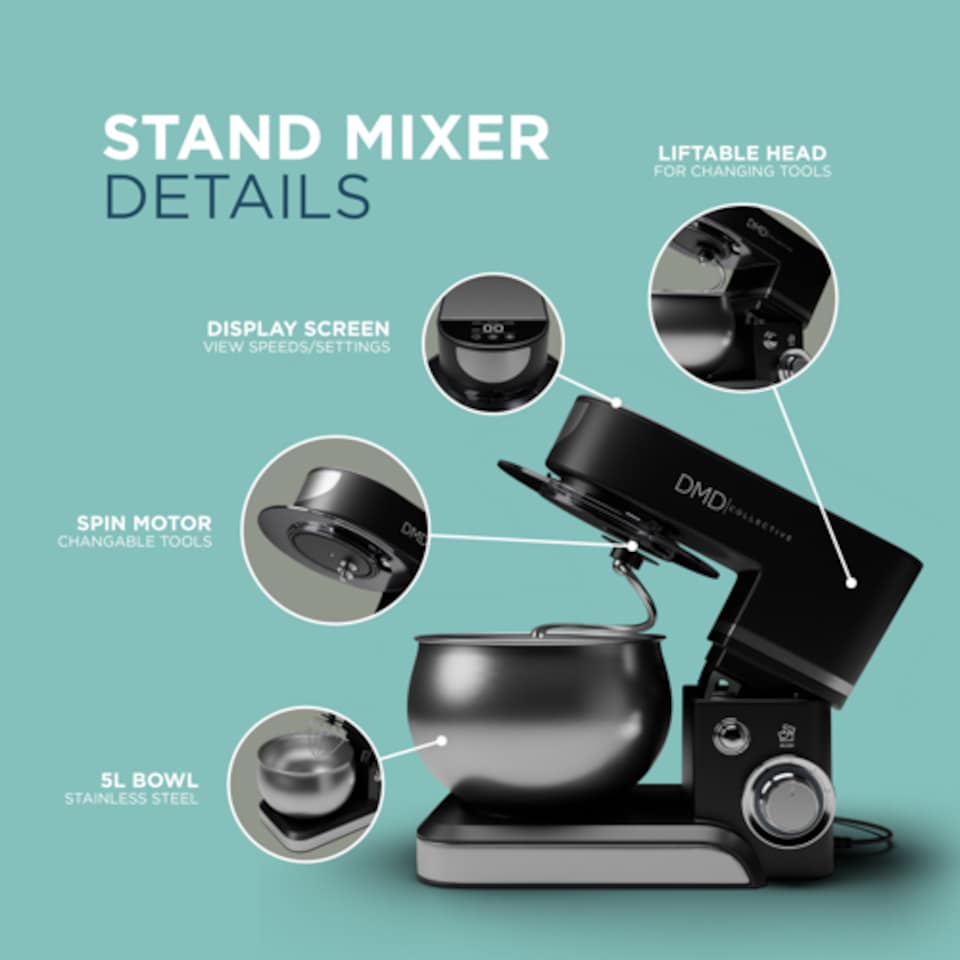 image 1 of DMD 5L Stand Mixer with 6 Speeds & Tilt-Head, 6 Speeds with Dough Hook, Whisk, Beater, Splash Guard 1300W | Silver