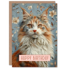 Cat Lover Fluffy Maine Coon Retro Floral Pattern Her Birthday Card