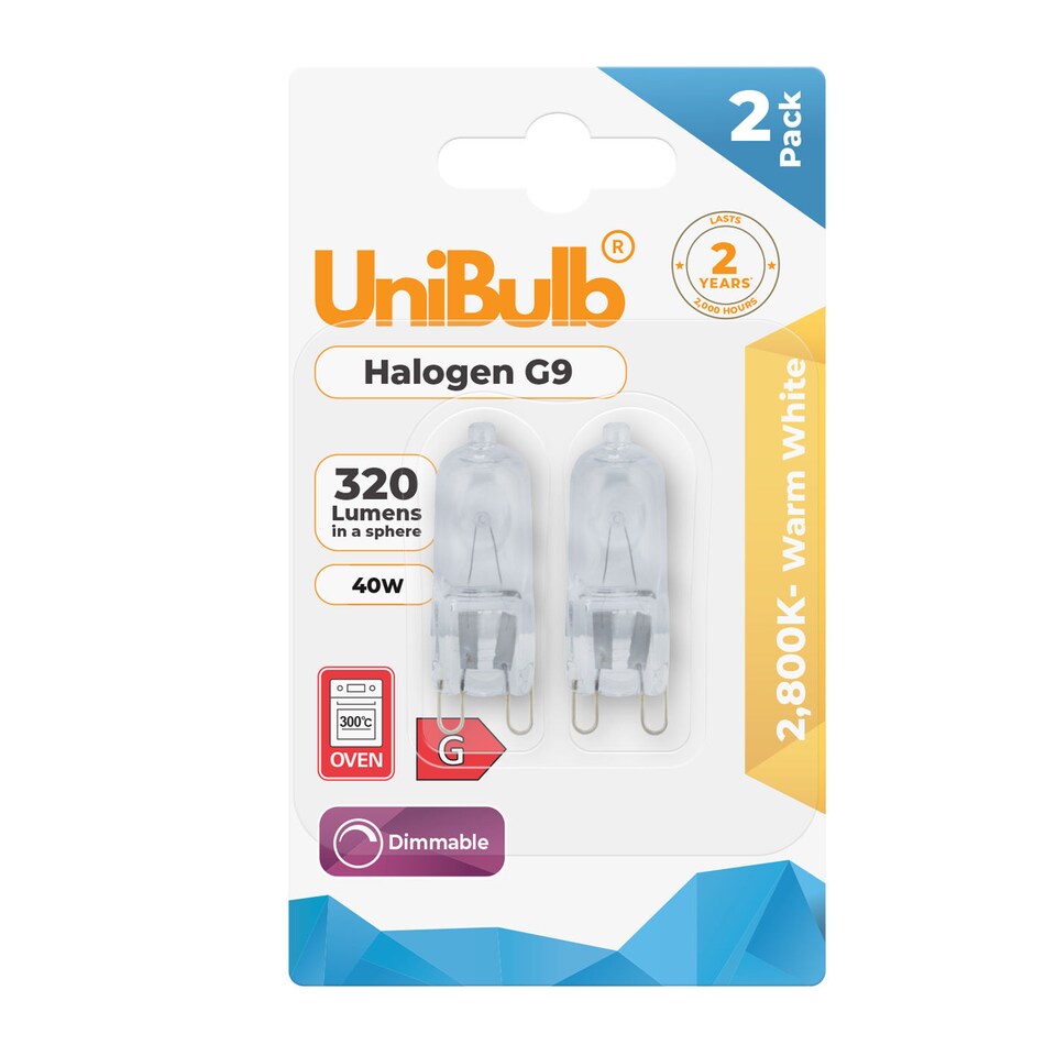 image 1 of UniBulb Halogen G9 320lm 40W 2800K (Warm White) Capsule Light Bulb For Chandeliers, Lamps, & Ovens - Pack of 2 | Clear | 2