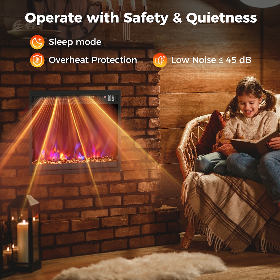 image 1 of COSTWAY Electric Fireplace Insert Recessed Fireplace Black