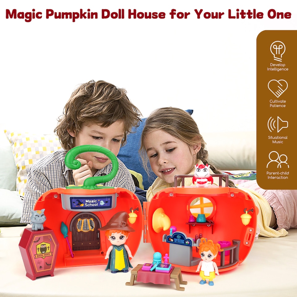 image 1 of Magic Pumpkin Doll House Playset with Characters Furniture and Classroom Accessories
