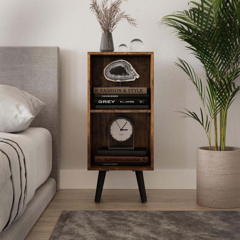 image 1 of 2-Tier Cube Display Cabinet with Scandinavian Legs | Brown | Rustic Brown & Black | 1