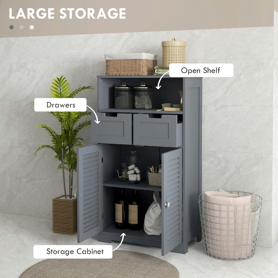 image 1 of kleankin Free Standing Bathroom Storage Cabinet with Louvred Doors, 2 Drawers, Grey