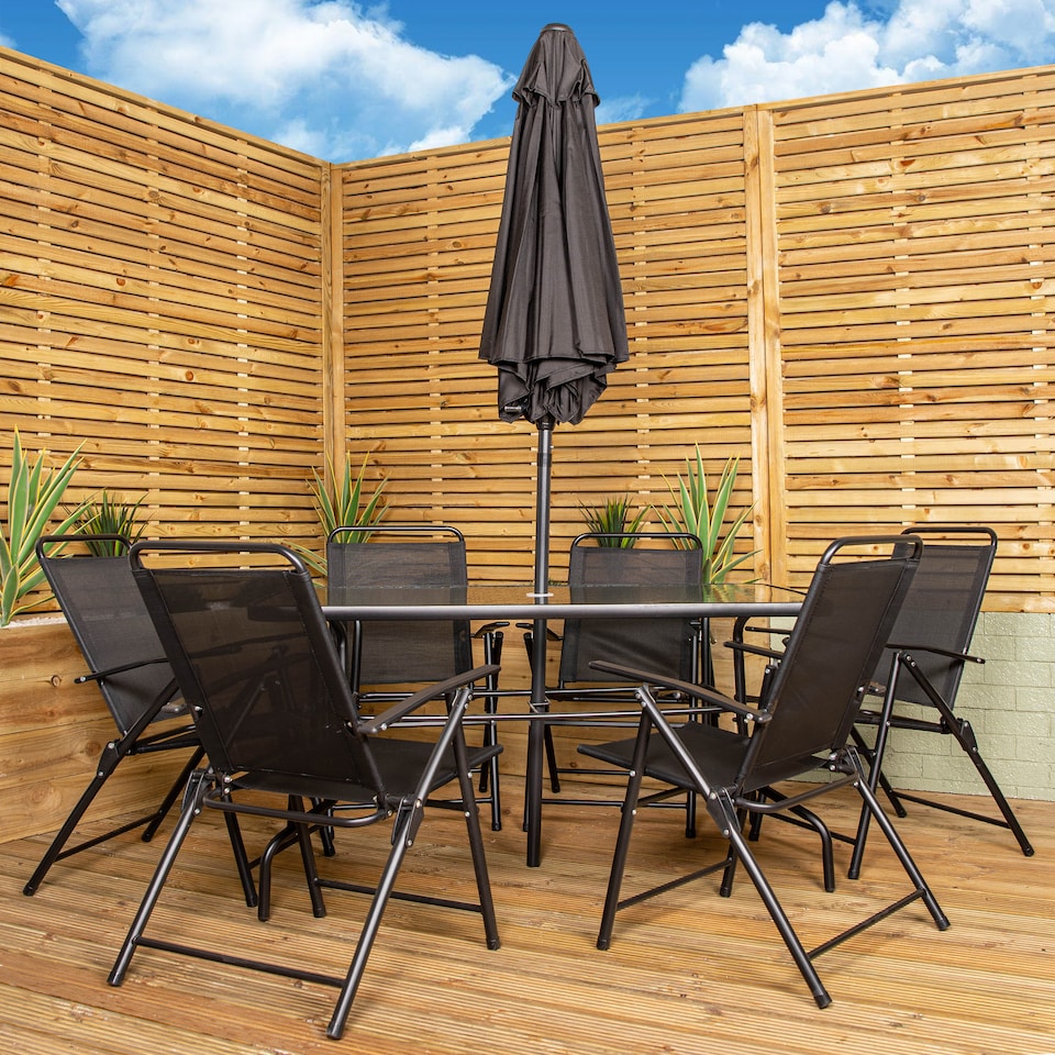 image 1 of Samuel Alexander Outdoor 6 Seater Glass Top Table and Chairs Patio Set with Parasol in Black