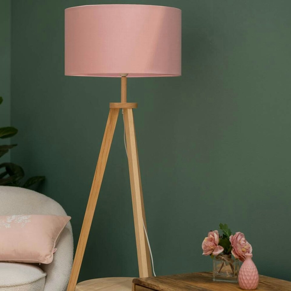 image 1 of ValueLights Morrigan Blush Shade Wooden Tripod Floor Lamp & Bulb Pink