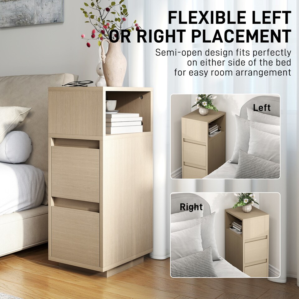 image 1 of HOMCOM Slim Bedside Table, Narrow Bedside Cabinet with Open Shelf and 2 Drawers, Modern Nightstand for Bedroom, Living Room, Natural Wood Finish | Brown | Natural wood finish