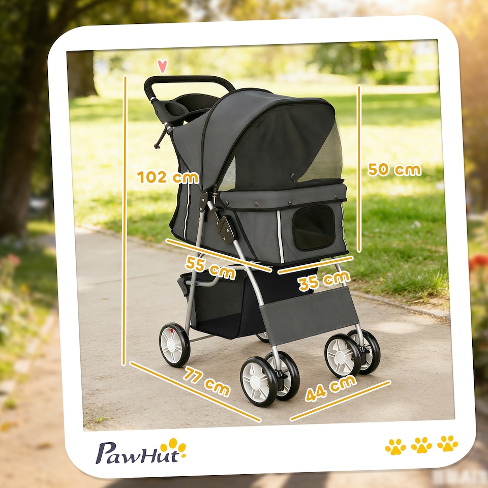 image 1 of PawHut Pet Stroller Carrier Foldable Deluxe Walk Travel Dog, Dark Grey | Grey | Dark Grey