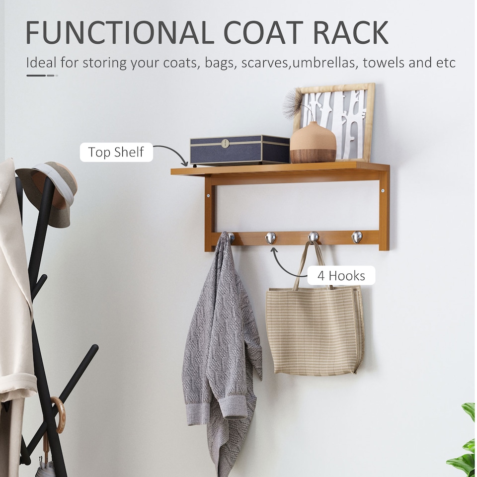 image 1 of HOMCOM Wall Mounted Coat Clothes Hat Hanger 4 Hooks Rack Stand with Rail & Storage Shelf for Hallway Entryway Bedroom Bathroom