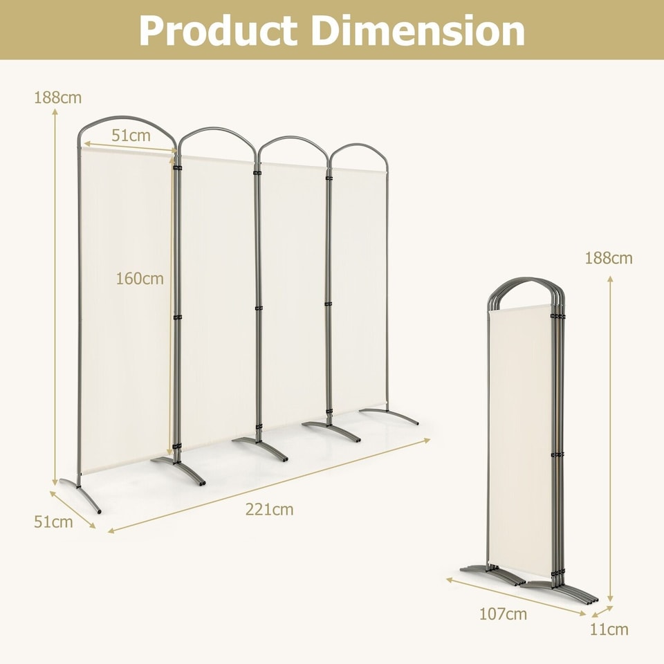 image 1 of COSTWAY 188cm 4 Portable Panel Room Divider Folding Privacy Screen Divider White