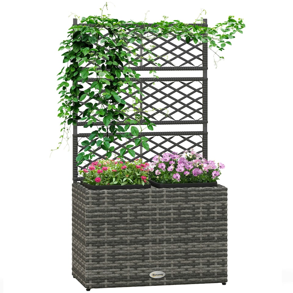 image 1 of Outsunny Garden PE Rattan Planter Box w/ Trellis Flower Raised Bed, 57x30x107cm