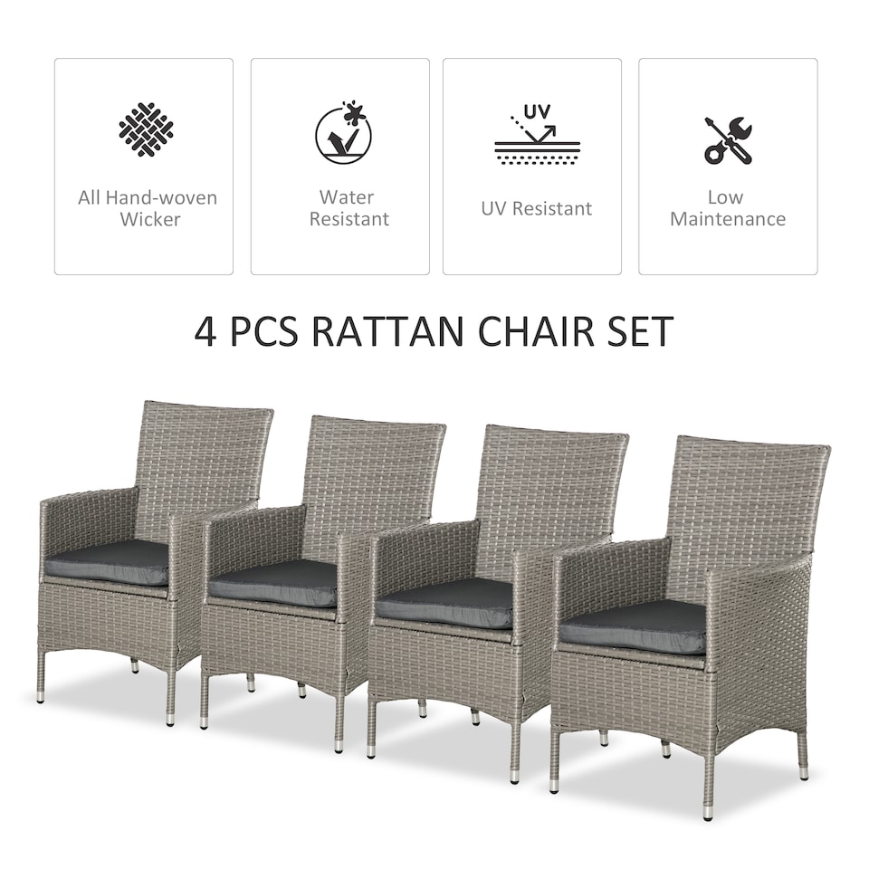 image 1 of Outsunny 4 Pieces Outdoor PE Rattan Dining Chairs Set with Cushion, Garden Armchair with Armrests, High Backrest, Metal Frame Patio Wicker Furniture, Grey