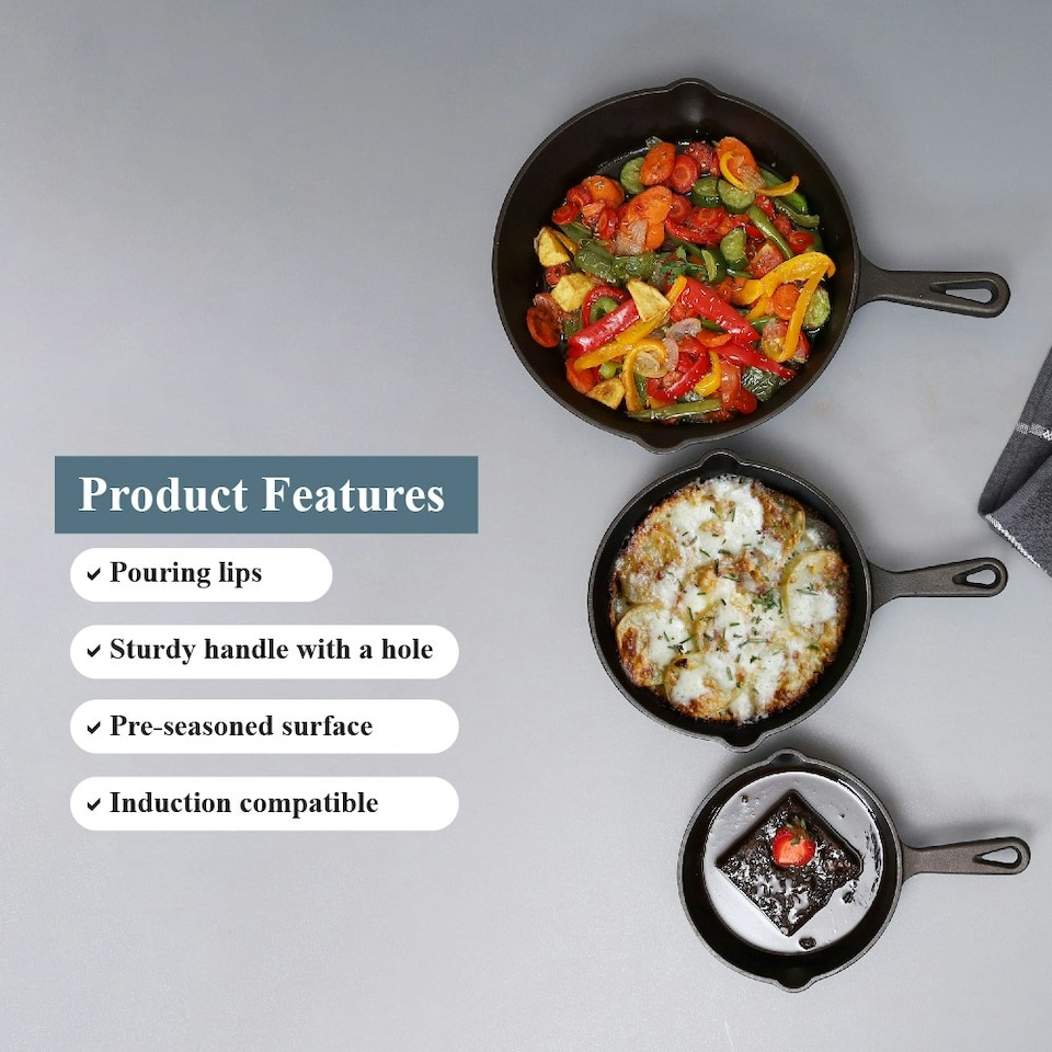image 1 of Buckingham Pre-Seasoned Cast Iron Set of 3 Frying Skillet Pan 16 , 20 and 25 cm