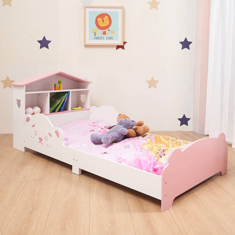 image 1 of TOTO Wooden Toddler Bed w/ Integrated Bookshelf Storage Junior Kids Frame - White