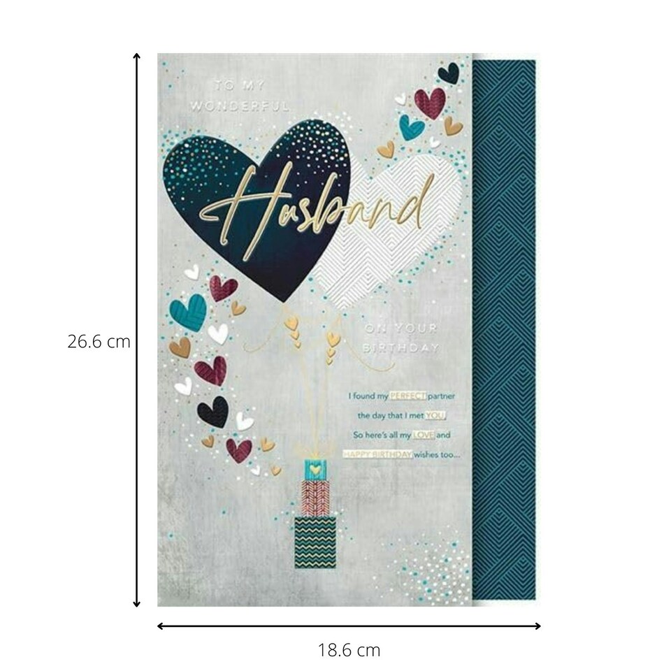 image 1 of Words 'n' Wishes Wonderful Husband Large Birthday Card, Heart Balloons with Embossed Foiled Finish
