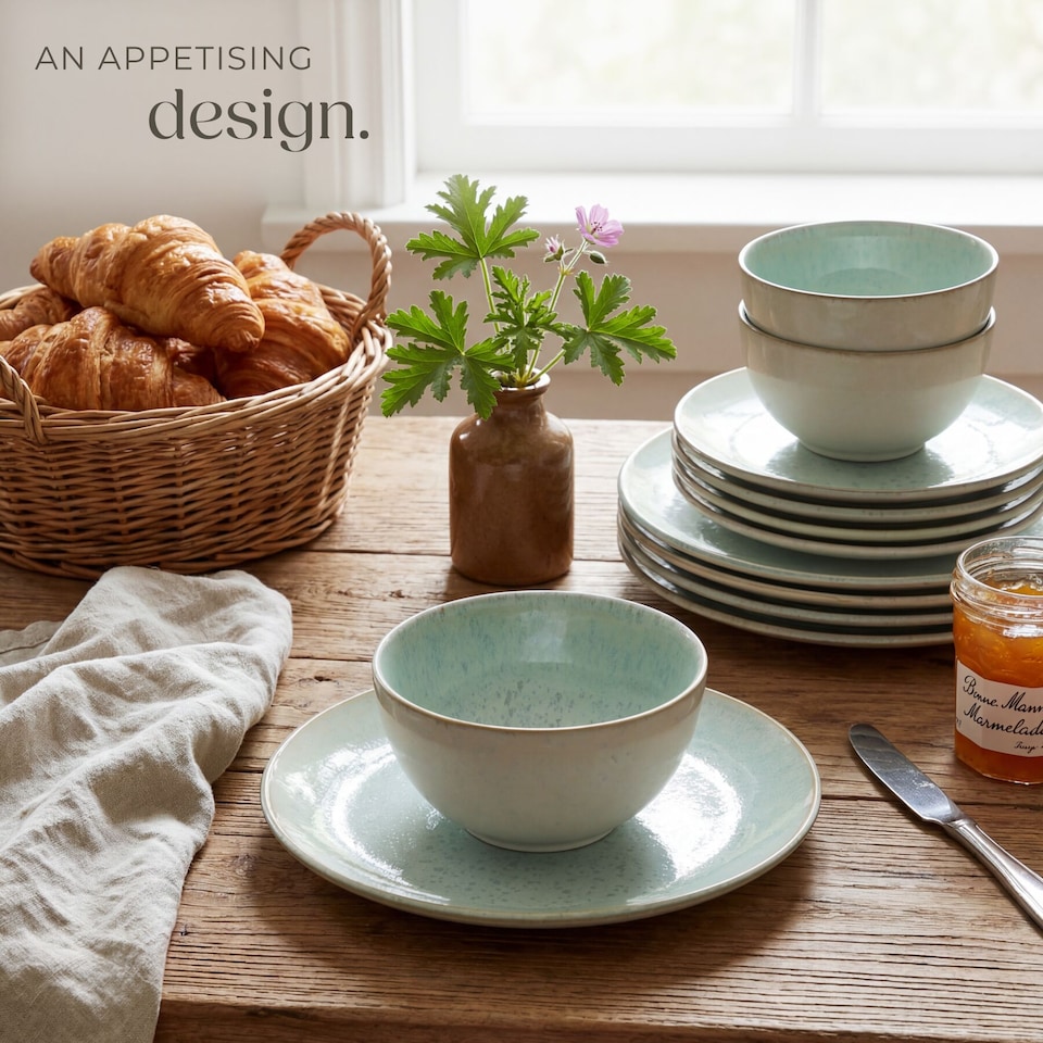 image 1 of Dinner Set Mare in Glazed Stoneware for 6 People, Microwave- and Dishwasher-Safe | Green | mint | 1