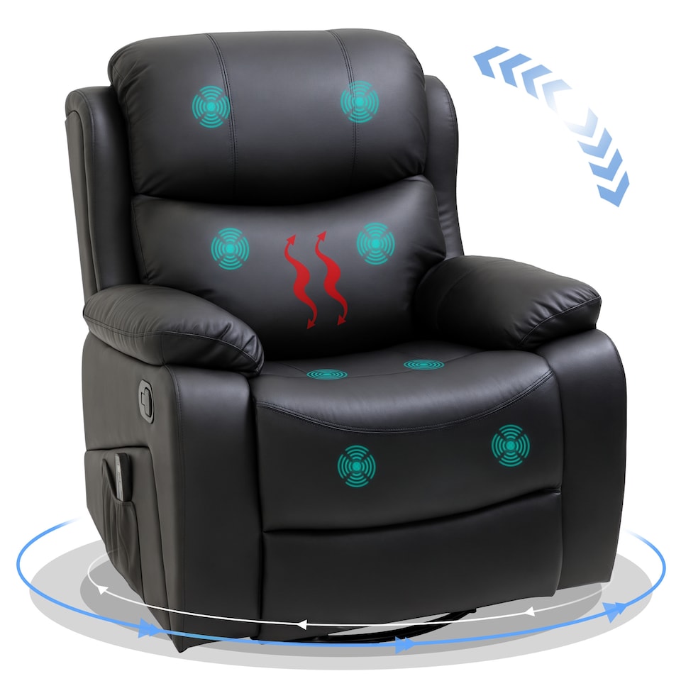 image 1 of HOMCOM PU Leather Massage Recliner Chair with 8 Points and Heat, Manual Reclining Chair with Swivel Base, Footrest and Remote, Rocking Armchair, Black