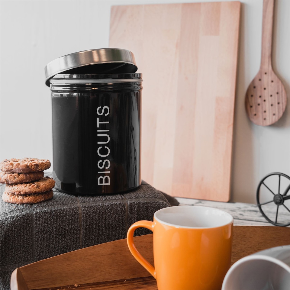 image 1 of Harbour Housewares Round Metal Kitchen Biscuit Tin - Black