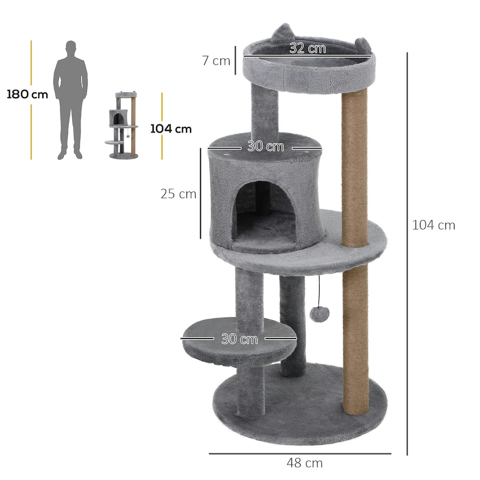 image 1 of PawHut 104cm Cat Tree Condo Tower with Scratching Post Perch Ball, Grey
