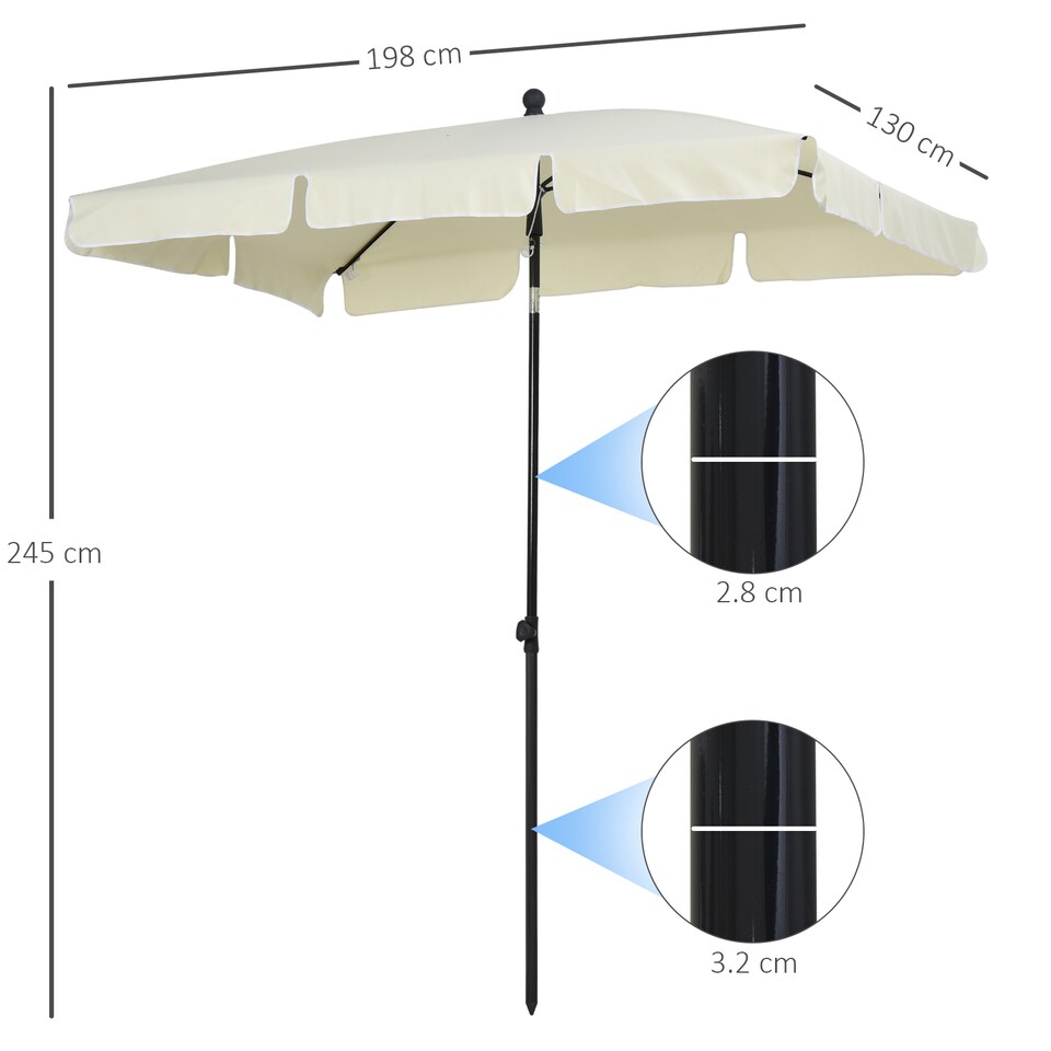 image 1 of Outsunny 2 x 1.3m Garden Parasol Umbrella, Outdoor Market Table Umbrella with Ruffles  Aluminium Pole, Rectangular Tilting Parasol Sun Shade Canopy, Cream White