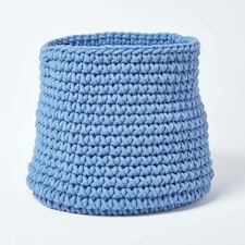 Homescapes Blue Cotton Knitted Round Storage Basket - 42 x 37cm | Blue | Blue