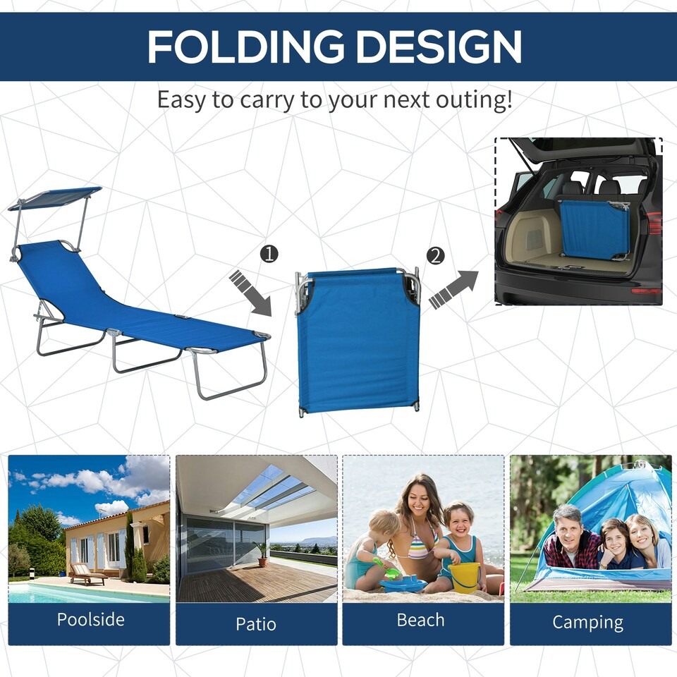 image 1 of Outsunny Folding Sun Lounger Set of 2 w/ Sunshade Adjustable Backrest Blue