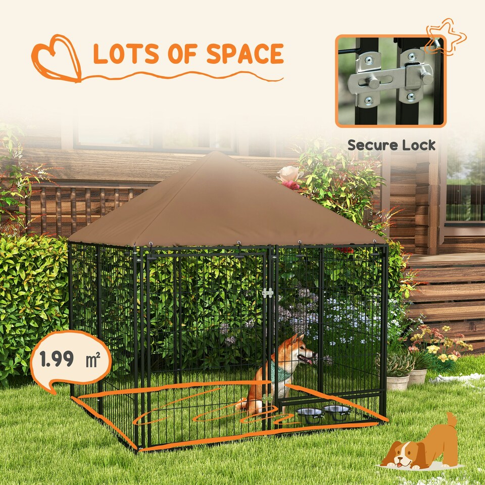 image 1 of PawHut Outdoor Dog House Kennel with Canopy Top & Lock Rotating Bowl Holder