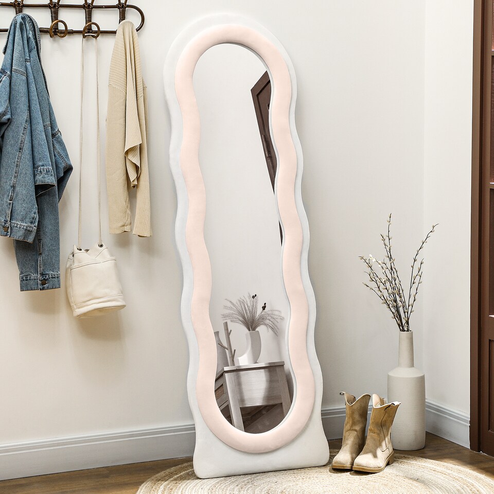 image 1 of HOMCOM Irregular Wavy Mirror Full Length, 160  50cm Free Standing, Leaning or Wall Mirror with Velvet Wrapped Frame and Arched Top for Living Room, Bedroom, White and Pink