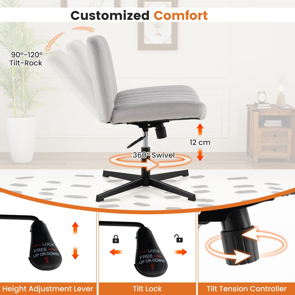 image 1 of COSTWAY Armless Cross Legged Desk Chair with Wide Seat