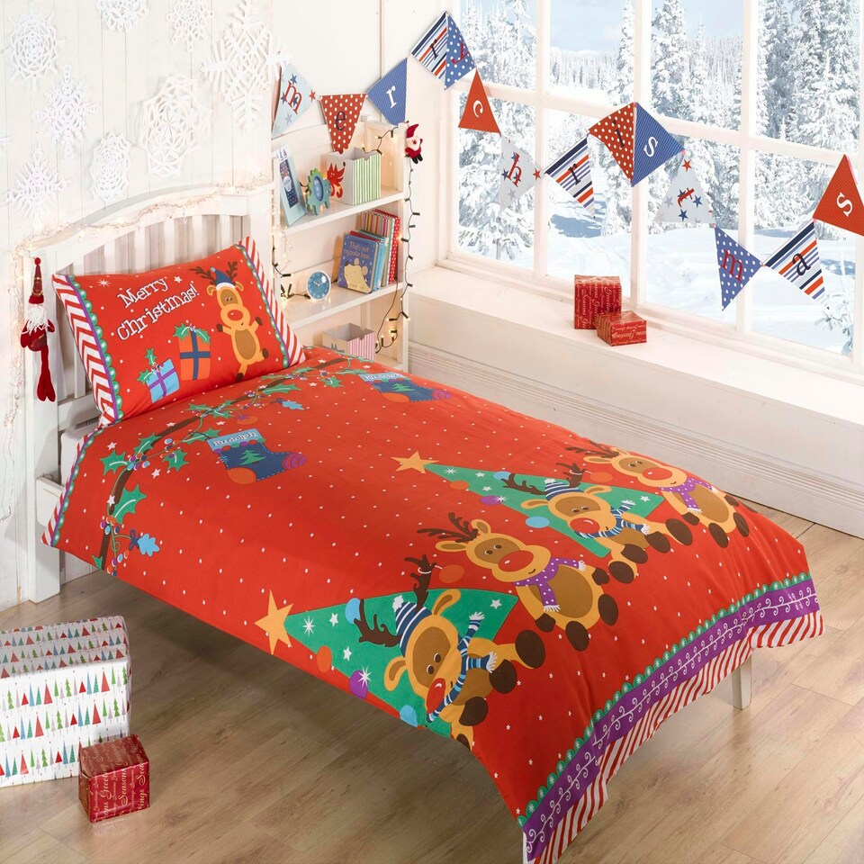 Rudolf Reindeer Polycotton Kids Duvet Cover Set with Pillowcase Red | Single