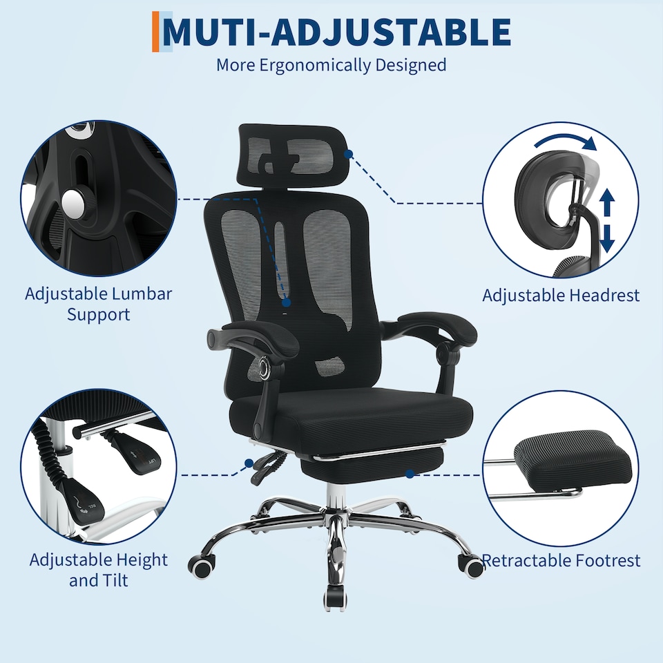 image 1 of Mesh Office Desk Chair with Adjustable Headrest Lumbar Support & Retractable Footrest - Beige, Cushion Included