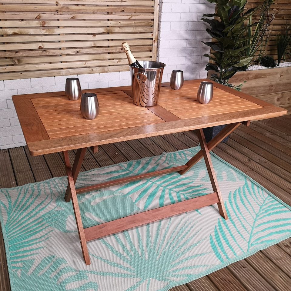 image 1 of Outdoor 4 Person Folding Rectangular Wooden Garden Patio Dining Table and 2 Benches Set