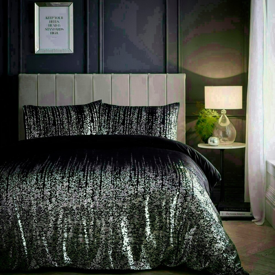 image 1 of Portfolio Home Marseilles Printed Velvet Metallic Duvet Cover Set With Pillow Cases Black | King