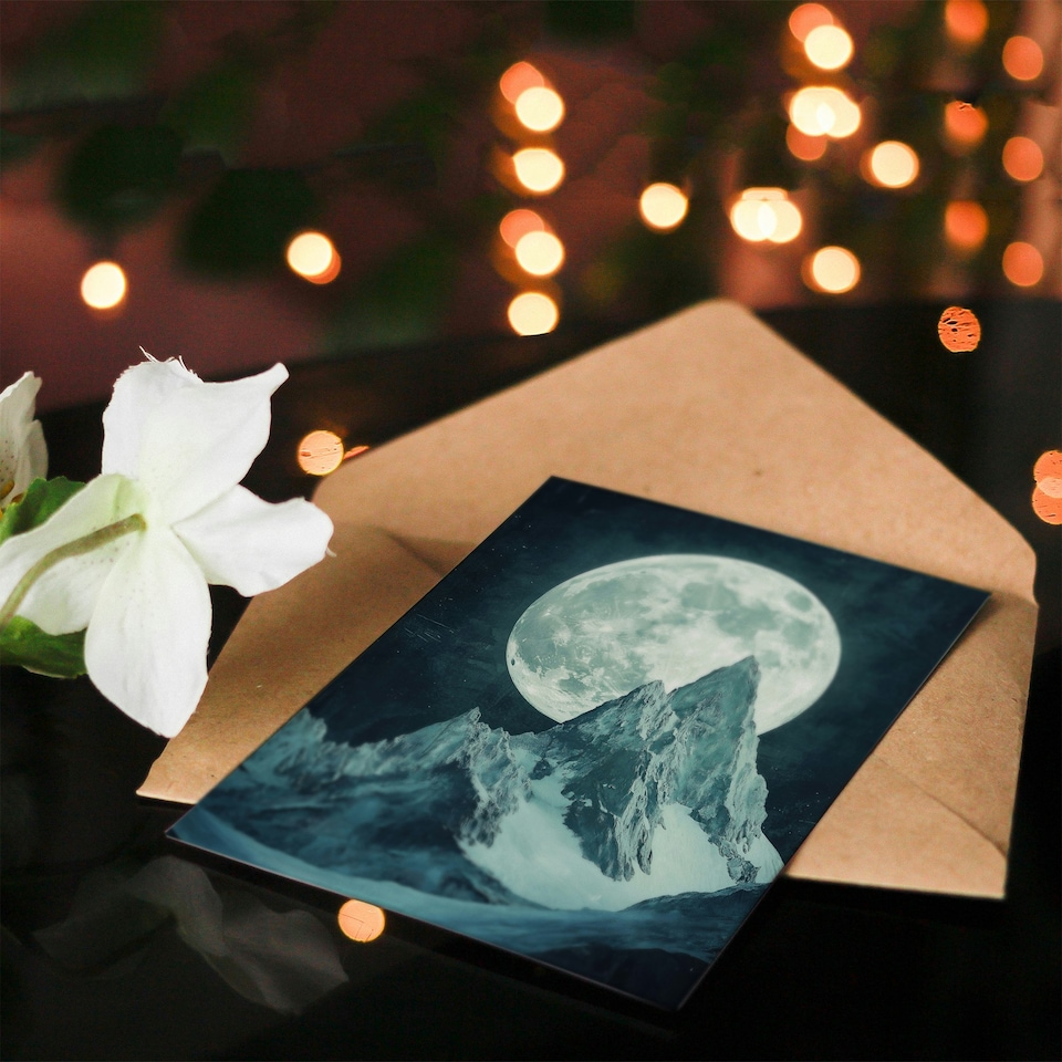 image 1 of Alpine Mountain Range Peak Full Moon Fantasy Art Birthday Greeting Card