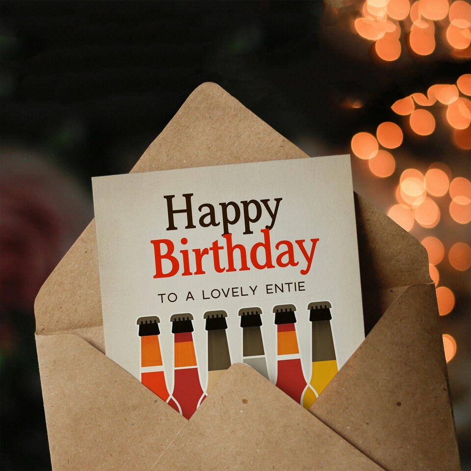 image 1 of Lovely Entie Craft Beer Lover Row Bottles Birthday Card