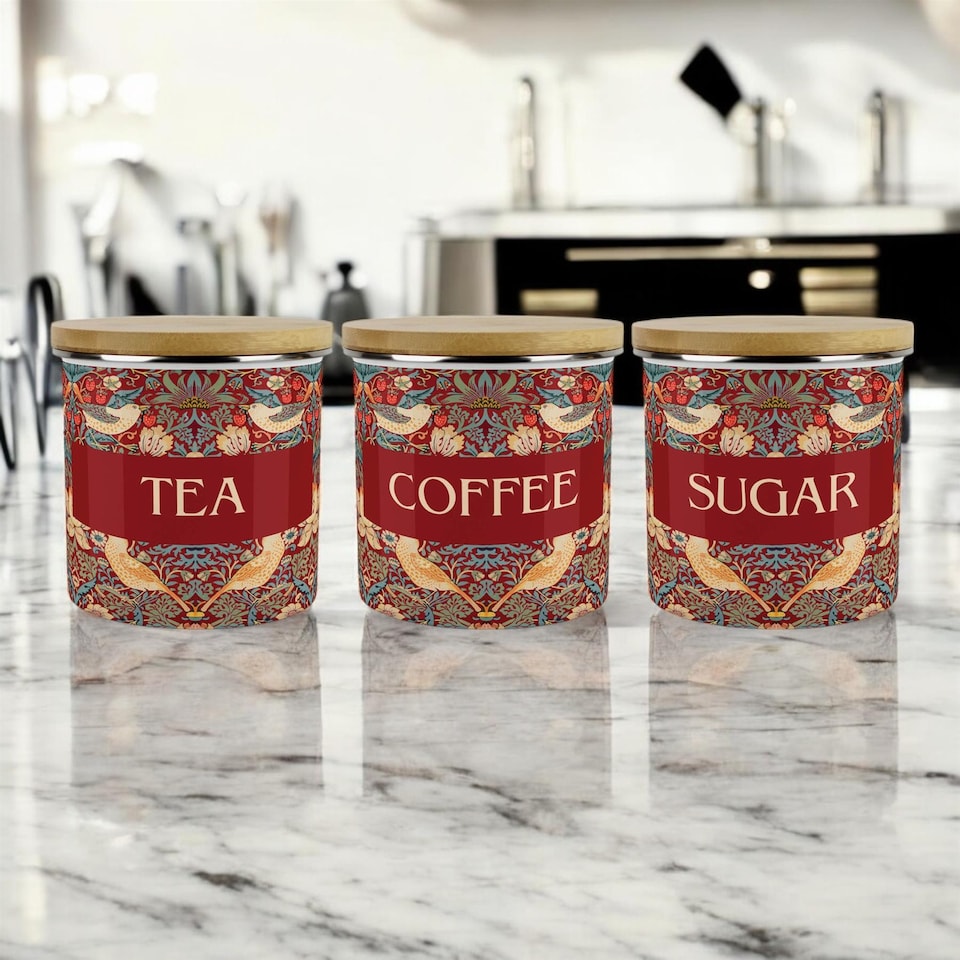 image 1 of Red Strawberry Thief Tea, Coffee & Sugar Large Kitchen Canisters - Set of 3