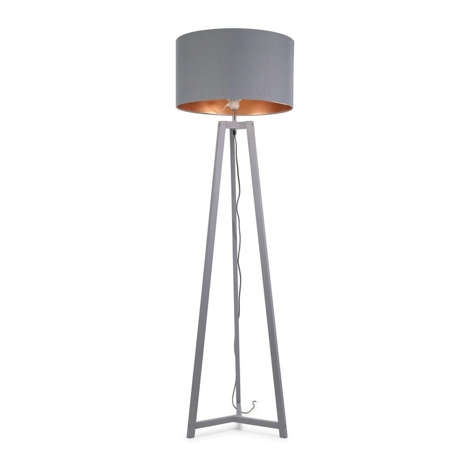 image 1 of ValueLights Lottie Grey Wood Tripod Floor Lamp with Grey and Copper Drum Shade