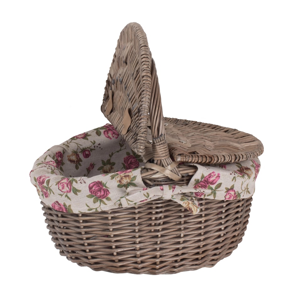 image 1 of Small Antique Wash Double Lidded Oval Picnic Basket Garden Rose Lining | Multi | Garden Rose | Not provided