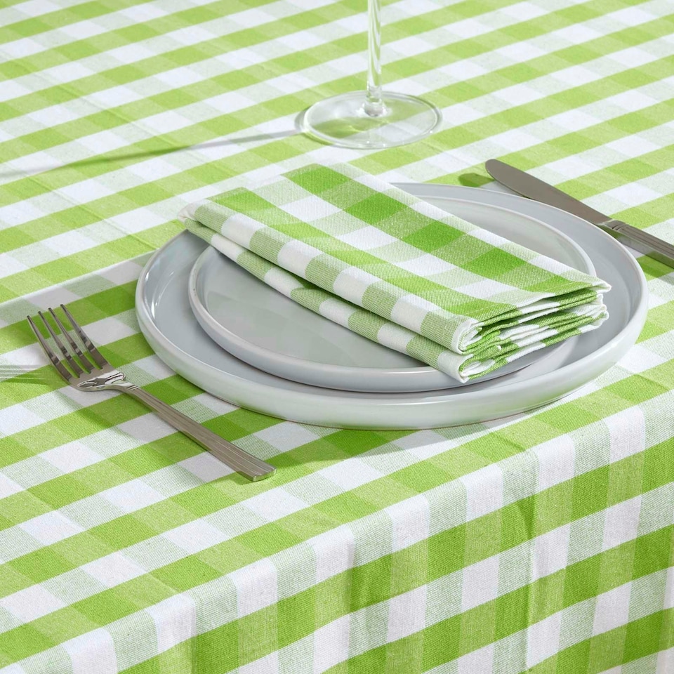 image 1 of Homescapes Green Block Check Cotton Gingham Tablecloth - 137 x 137 cm | Green | 137cm x 137cm (54" x 54")