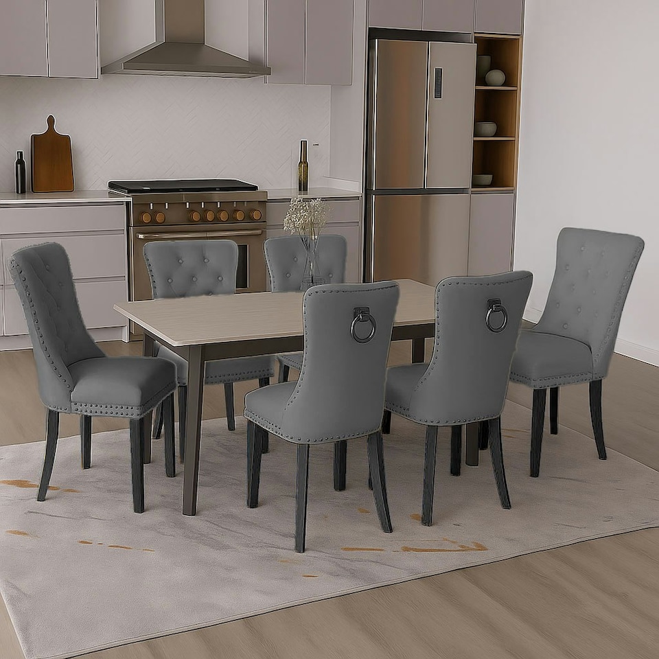image 1 of Dark Grey Set of Six Studded Velvet Dining Chair with Ring Knocker Detail Grey | Dark Grey