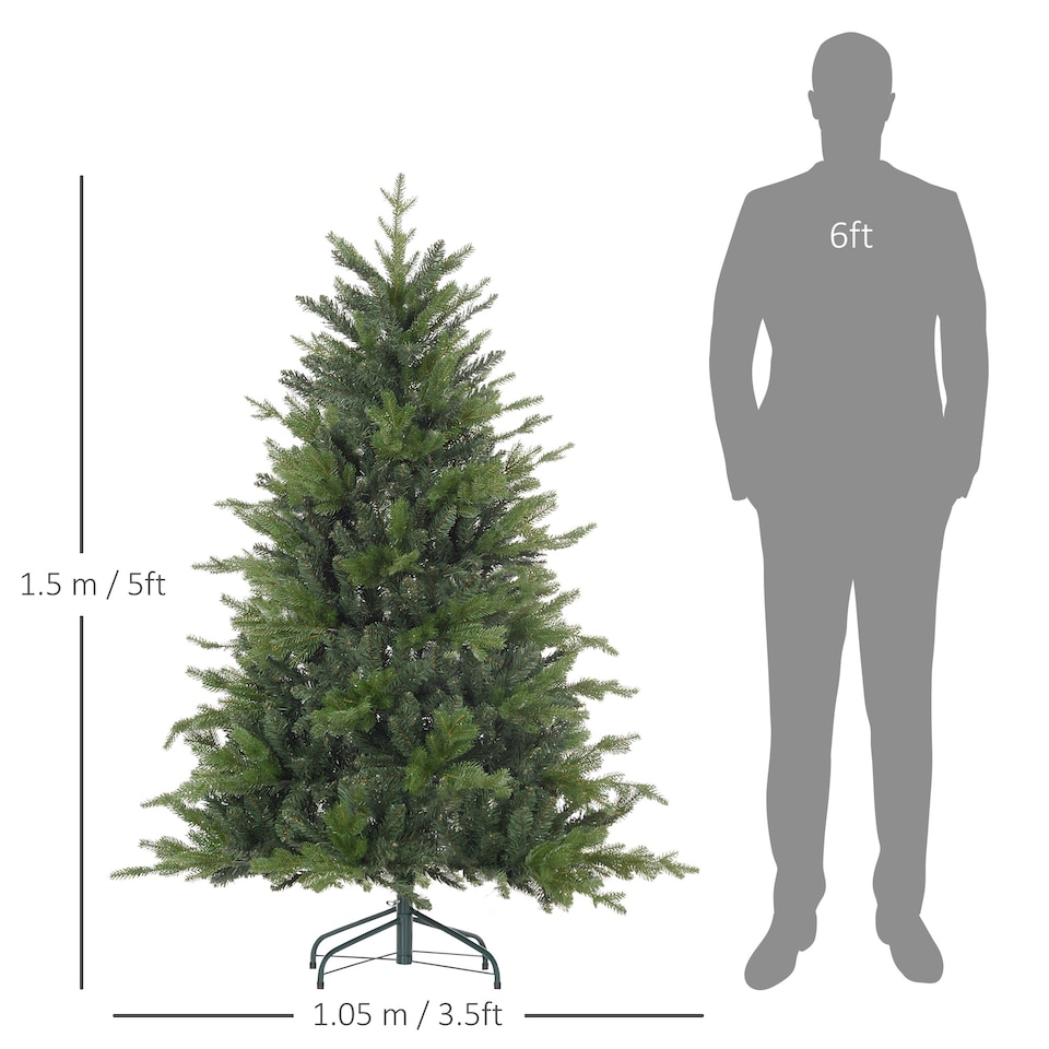 image 1 of HOMCOM 5ft Artificial Christmas Tree with 1309 Tips, Metal Base, Realistic Hinged mas Tree for Home Office, Green