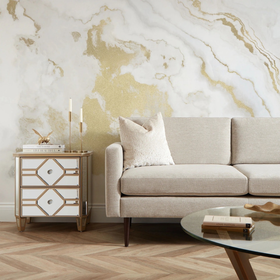 image 1 of Golden Agate Marble Full Wall Mural in Natural with Gold Effect | Cream | Natural With Gold Effect | Large (300cm x 240cm), Extra Large (350cm x 240cm)
