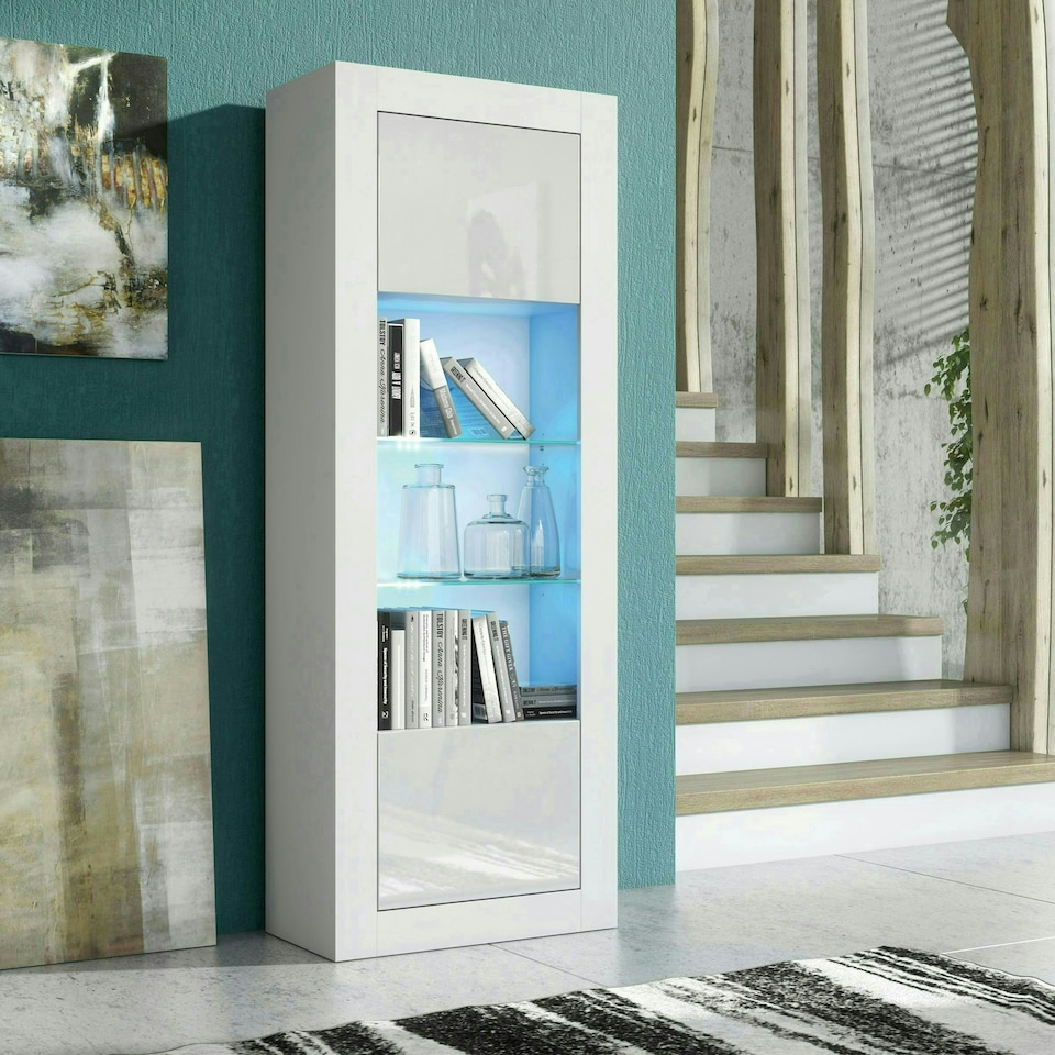 image 1 of Tall Cabinet 170cm White Gloss Doors White Matt Body Free LED Light | White