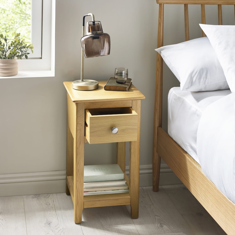 image 1 of Premium Langford Oak Compact 1 Drawer Bedside Table with Shelf