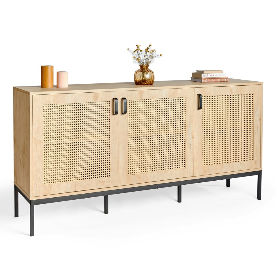 image 1 of VonHaus Rattan Sideboard with 3 Storage Doors & 6 Shelves