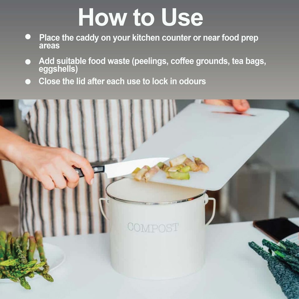 image 1 of Apollo 3L Cream Metal Kitchen Compost Caddy with Lid and Activated Charcoal Filter Countertop Food Waste Bin Odor Control Handle